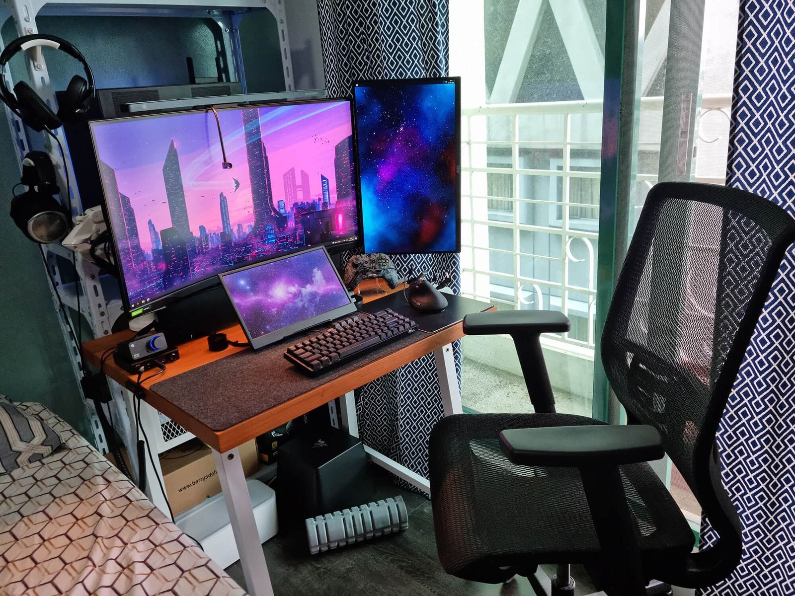 A small space bedroom desk setup with vertical storage